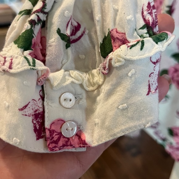 ModCloth Pink White Rose Floral Swiss Dot Rayon Keyhole Neck Tie Blouse Top XS - Picture 5 of 11